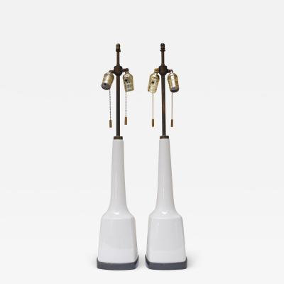 Pair of Tall American Modernist White Porcelain and Brass Tables Lamps
