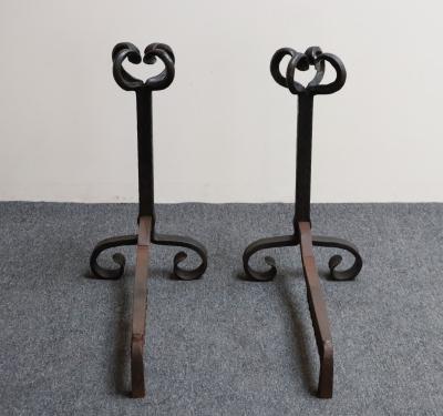 Pair of Tall Arts and Crafts Hand Forged Iron Fireplace Andirons