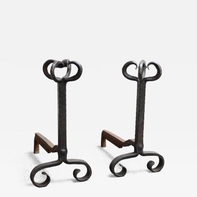 Pair of Tall Arts and Crafts Hand Forged Iron Fireplace Andirons