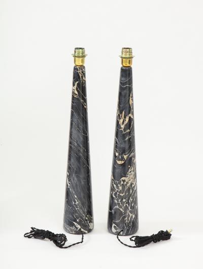 Pair of Tall Black and Light Gold Portoro Marble Conical Lamps Italy 1970