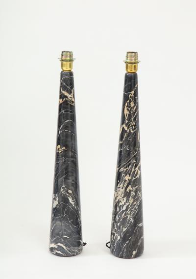 Pair of Tall Black and Light Gold Portoro Marble Conical Lamps Italy 1970