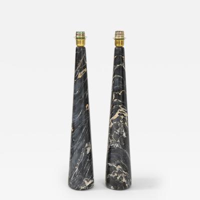 Pair of Tall Black and Light Gold Portoro Marble Conical Lamps Italy 1970