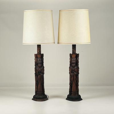 Pair of Tall Hand Carved Wood Lamps from Spain with Original Shades