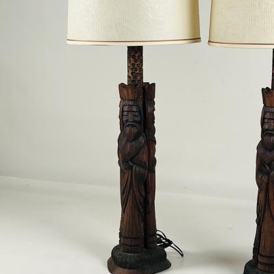 Pair of Tall Hand Carved Wood Lamps from Spain with Original Shades