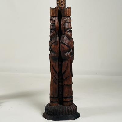 Pair of Tall Hand Carved Wood Lamps from Spain with Original Shades