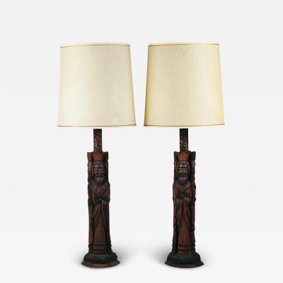 Pair of Tall Hand Carved Wood Lamps from Spain with Original Shades