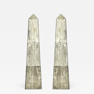 Pair of Tall Mirrored Obelisks with Etched Floral Design