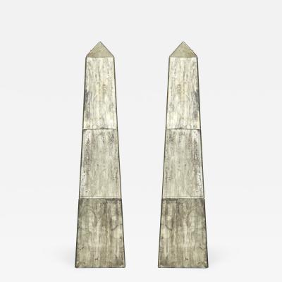 Pair of Tall Mirrored Obelisks with Etched Floral Design