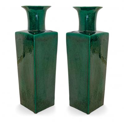 Pair of Tall Square Emerald Green Vases