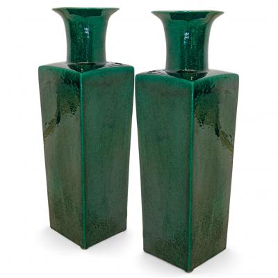 Pair of Tall Square Emerald Green Vases
