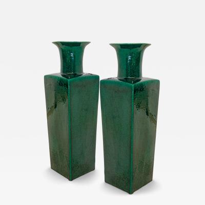 Pair of Tall Square Emerald Green Vases