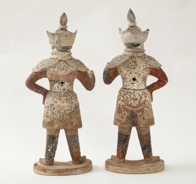 Pair of Tang Dynasty Painted Earthenware Guardians or Soldiers