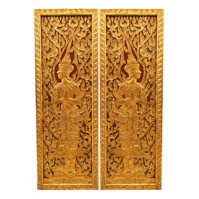Pair of Thai Painted and Carved Door Panels