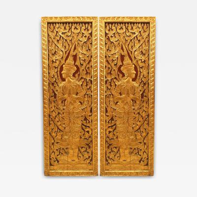 Pair of Thai Painted and Carved Door Panels