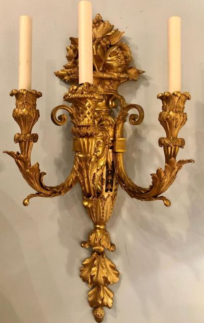 Pair of Three Arm Bronze Wall Sconces French Louis XVI Style Bronze Dore