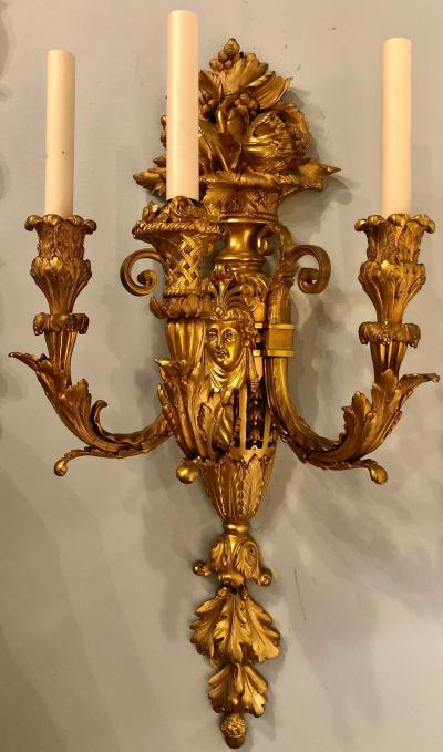 Pair of Three Arm Bronze Wall Sconces French Louis XVI Style Bronze Dore