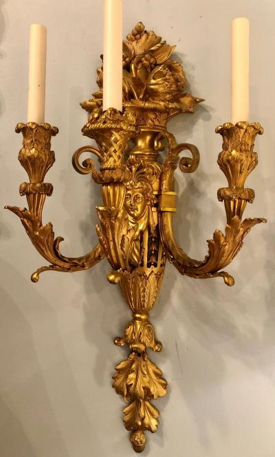 Pair of Three Arm Bronze Wall Sconces French Louis XVI Style Bronze Dore