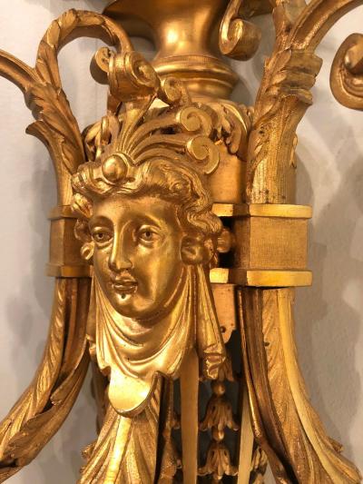 Pair of Three Arm Bronze Wall Sconces French Louis XVI Style Bronze Dore