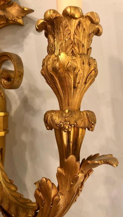 Pair of Three Arm Bronze Wall Sconces French Louis XVI Style Bronze Dore