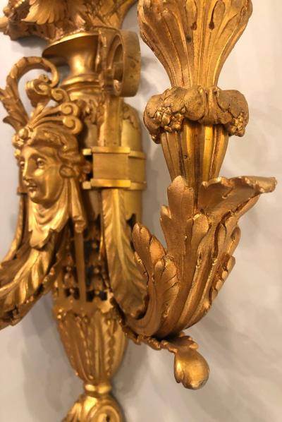 Pair of Three Arm Bronze Wall Sconces French Louis XVI Style Bronze Dore