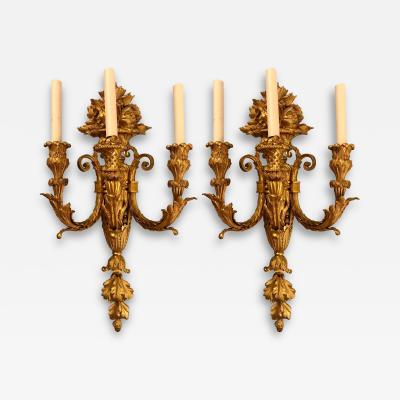 Pair of Three Arm Bronze Wall Sconces French Louis XVI Style Bronze Dore
