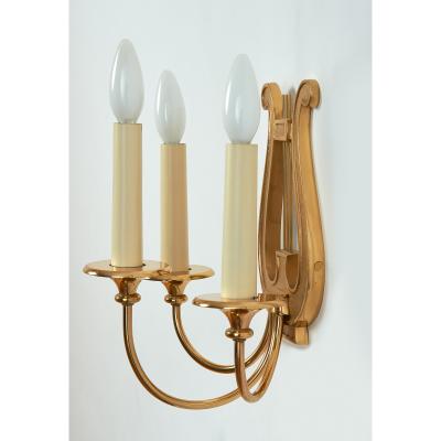 Pair of Three Branch Lyre Sconces France 1950s