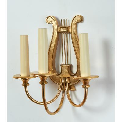 Pair of Three Branch Lyre Sconces France 1950s