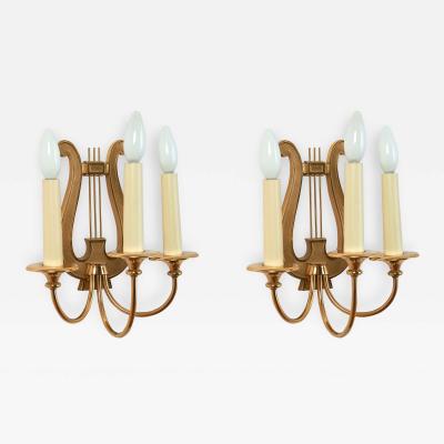 Pair of Three Branch Lyre Sconces France 1950s