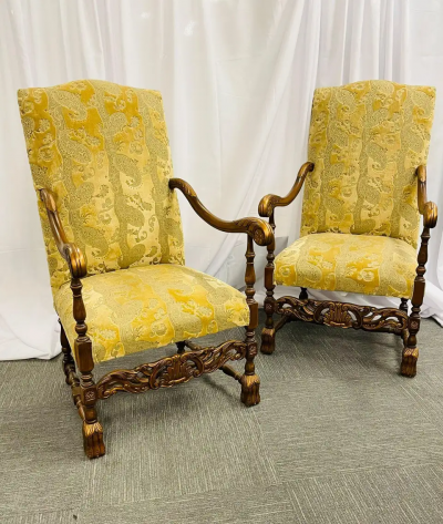 Pair of Throne Chairs Fauteuils in Louis XIV Fashion Fine Upholstery
