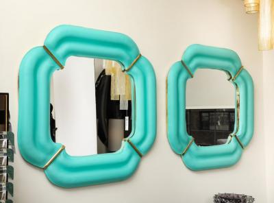 Pair of Tiffany Blue Murano Glass And Brass Square Scalloped Mirrors Italy