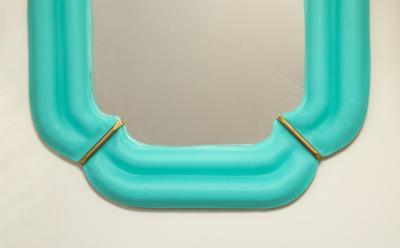 Pair of Tiffany Blue Murano Glass And Brass Square Scalloped Mirrors Italy
