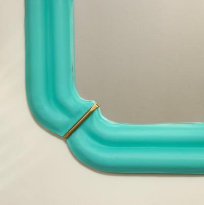 Pair of Tiffany Blue Murano Glass And Brass Square Scalloped Mirrors Italy