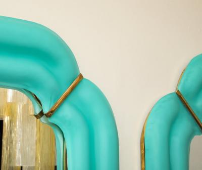 Pair of Tiffany Blue Murano Glass And Brass Square Scalloped Mirrors Italy
