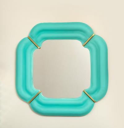 Pair of Tiffany Blue Murano Glass And Brass Square Scalloped Mirrors Italy