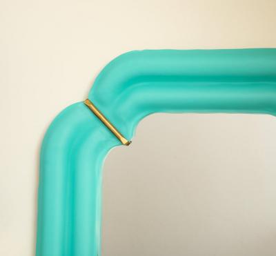 Pair of Tiffany Blue Murano Glass And Brass Square Scalloped Mirrors Italy