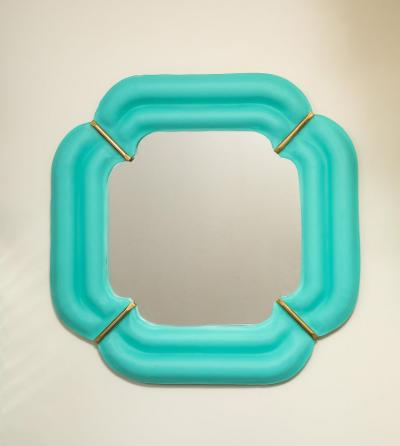 Pair of Tiffany Blue Murano Glass And Brass Square Scalloped Mirrors Italy