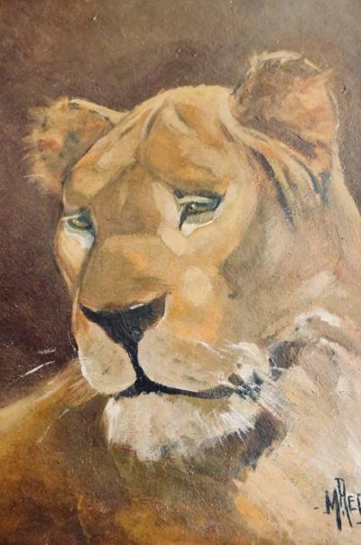 Pair of Tiger and Lion Art Deco Framed Paintings