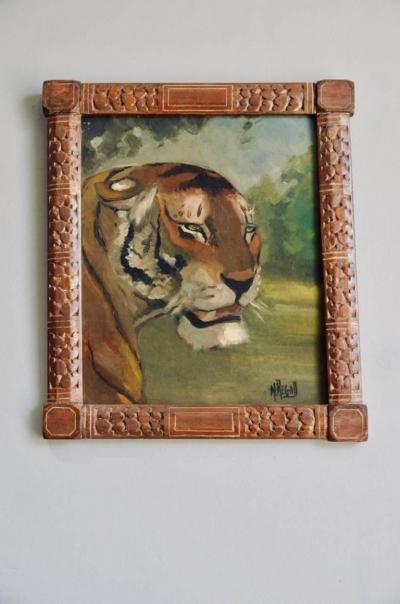 Pair of Tiger and Lion Art Deco Framed Paintings