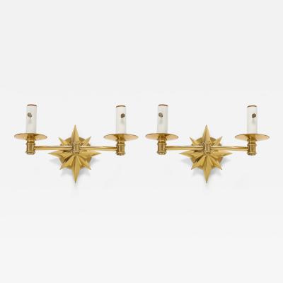 Pair of Tony Duquette Inspired Brass Star Double Arm Sconces 
