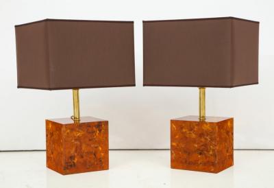 Pair of Tortoise Shell Style Bronze Lamps with Brown and Gold Shades Italy