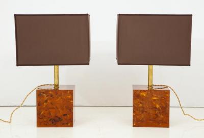 Pair of Tortoise Shell Style Bronze Lamps with Brown and Gold Shades Italy