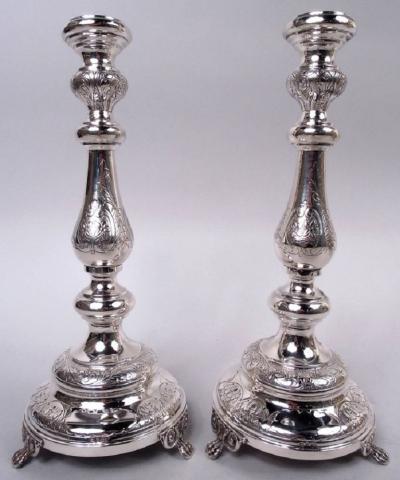Pair of Traditional European Silver Old Country Candlesticks