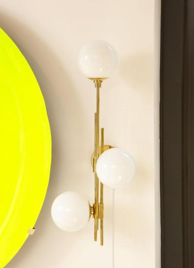 Pair of Translucent White Murano Glass Globes and Brass Sconces Italy 2022