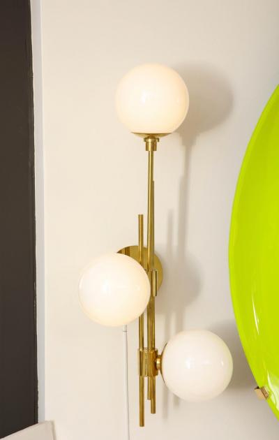 Pair of Translucent White Murano Glass Globes and Brass Sconces Italy 2022