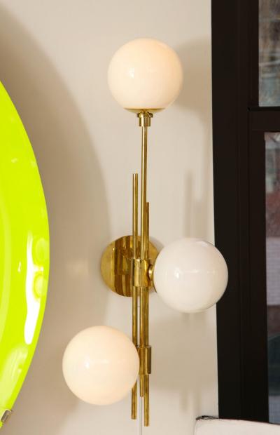 Pair of Translucent White Murano Glass Globes and Brass Sconces Italy 2022