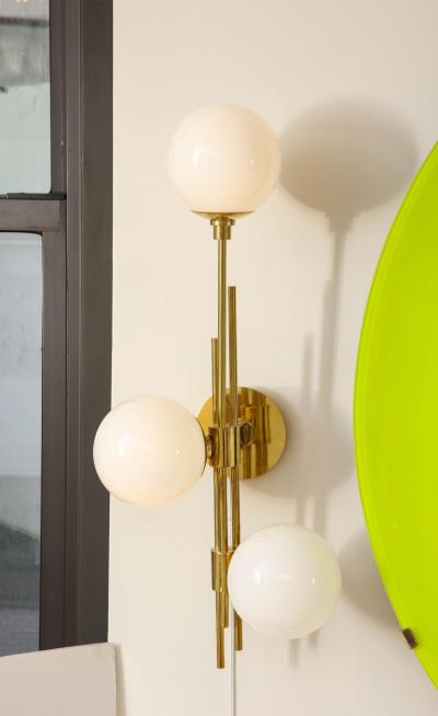 Pair of Translucent White Murano Glass Globes and Brass Sconces Italy 2022