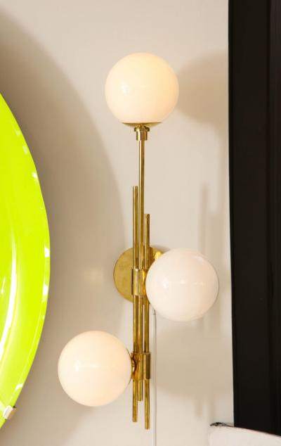 Pair of Translucent White Murano Glass Globes and Brass Sconces Italy 2022