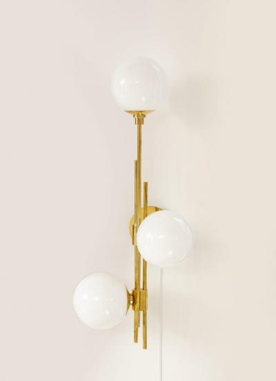 Pair of Translucent White Murano Glass Globes and Brass Sconces Italy 2022