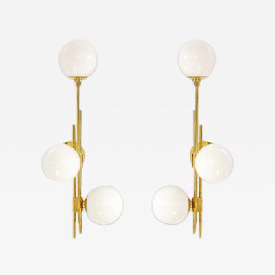 Pair of Translucent White Murano Glass Globes and Brass Sconces Italy 2022