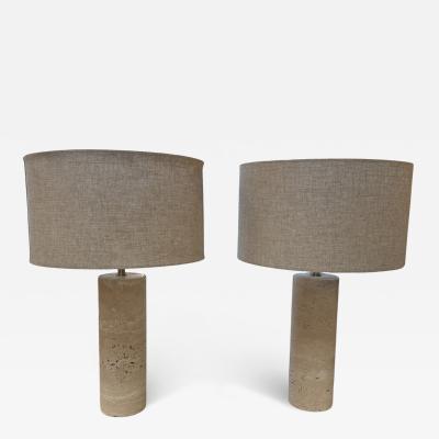 Pair of Travertine Cylinder Table Lamps with Linen Drum Shades